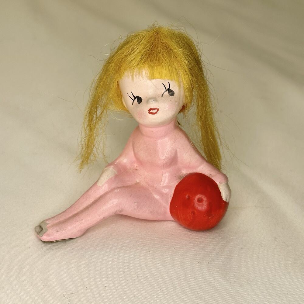 Vintage Inarco Japan Cute Pink Girl With Bowling Ball Porcelain Figure 5-3700